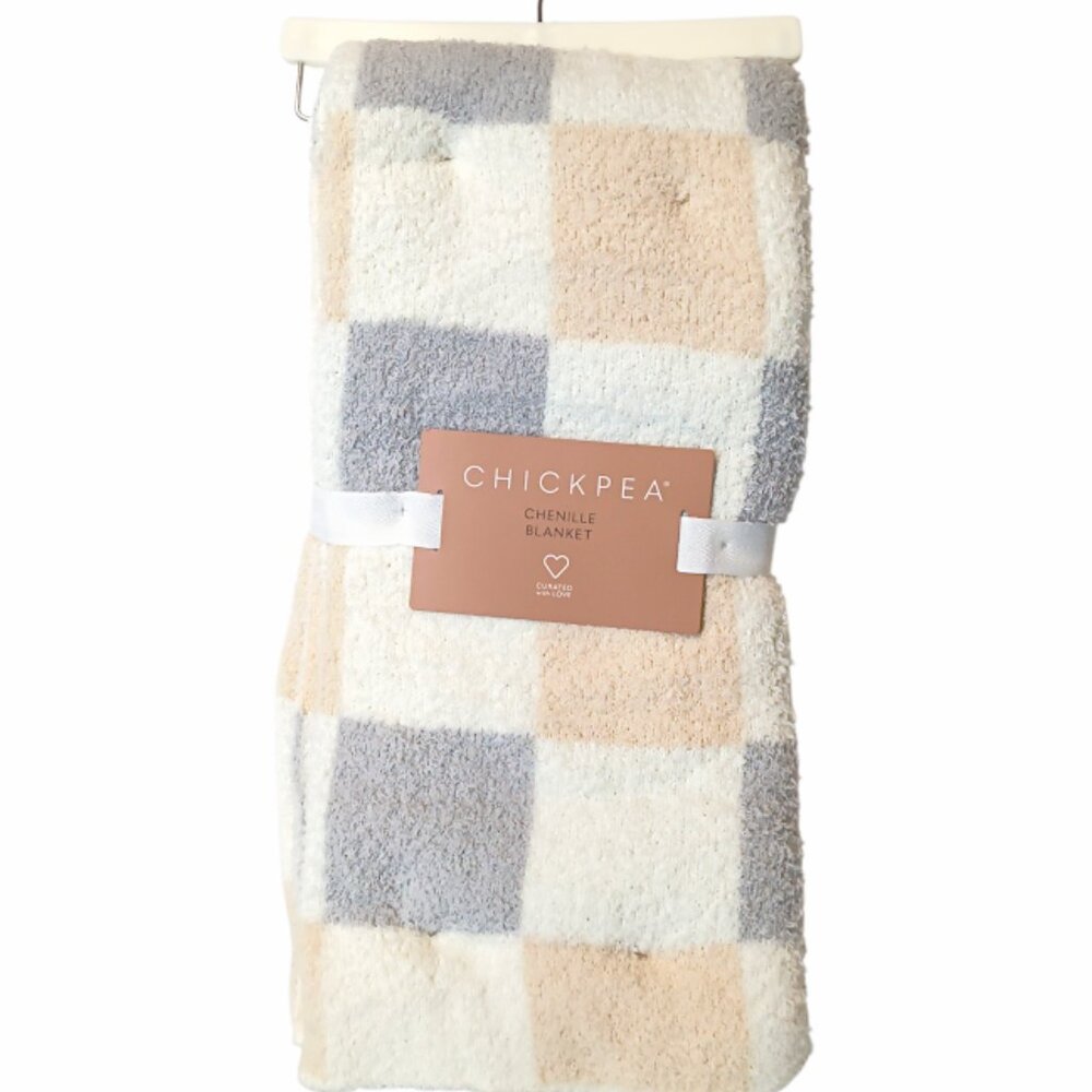 Chick Pea Gray White Cream Checkered Security Chenille Blanket 36" X 40" NEW